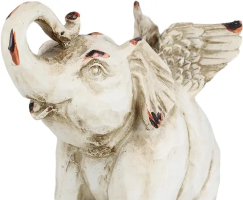 Vista 3 de Ebros Gift Fantástico elefante alado de ángel con tronco hacia arriba, escultura de madera sintética, figura de resina tallada en madera sintética