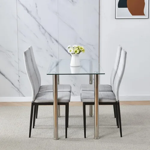 Vista 7 de Juego de 4 mesas y sillas de comedor de cristal moderno de 5 piezas para cocina pequeña, mesa rectangular de vidrio templado y 4 sillas de comedor