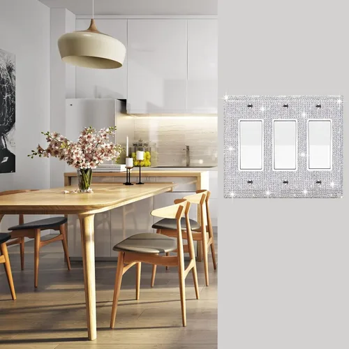 Vista 54 de Placa de pared con diamantes de imitación plateados brillantes plateados, placa de cubierta de interruptor de luz, cubierta de enchufe de grano