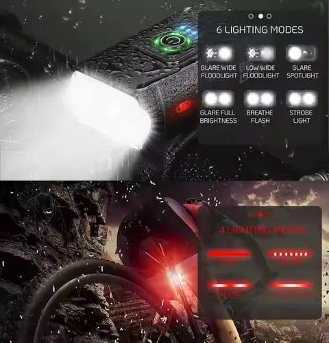 Vista 6 de Juego de luces de bicicleta recargables USB delanteras y traseras Luces de bicicleta impermeables superbrillantes Faro LED y luz trasera