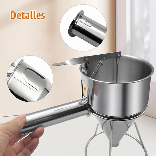 Vista 2 de Dispensador de masa para panqueques de 40 onzas, dispensador de pastel de embudo de acero inoxidable con soporte, herramienta de hornear resistente
