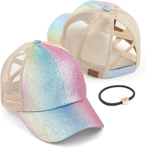 Vista 21 de C.C Gorra de béisbol de malla con diseño de estrella brillante, gorra de camionero ajustable para moño o cola de caballo Una banda elástica-negro