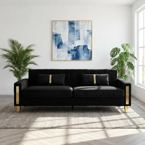 Vista 18 de Juego de sofá de 85 pulgadas, sofá de terciopelo con 2 almohadas y patas doradas, marco resistente de 750 libras, sofá moderno para dormitorio Negro