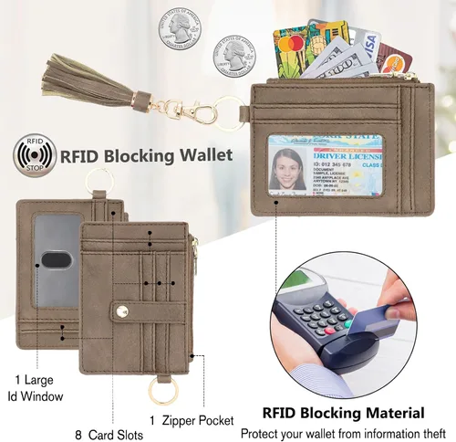 Vista 2 de Cartera llavero pulsera para mujer, delgado RFID tarjeta de crédito, monedero, borla llavero brazalete para hombres y mujeres, Arcilla, Classic