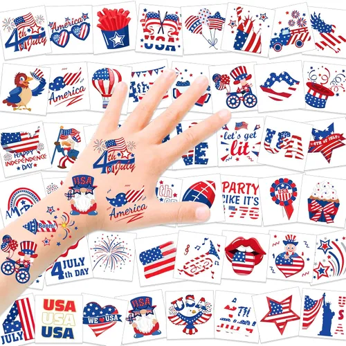Vista 2 de HOWAF Tatuajes falsos del 4 de julio, 96 piezas de tatuajes del 4 de julio, tatuajes temporales del Día de la Independencia estadounidense
