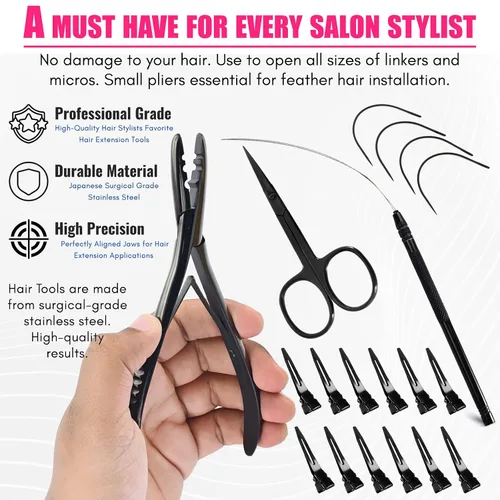 Vista 3 de El kit de herramientas de extensión de cabello incluye 2 alicates de prensado de microeslabones con microperlas, 12 clips de seccionamiento