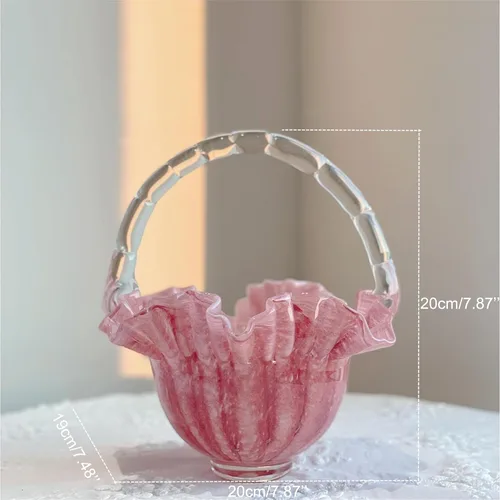 Vista 2 de YY Pink Basket Handmade Vase for Flowers Glass Bag Vase, Handbag Shape Flower vase, Blown Pink Flower Vase for Basket, Unique Flower Vase with