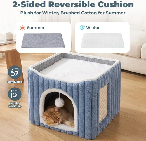 Vista 4 de Avont Cama tipo cueva 3 en 1 para gatos de interior con almohadilla para Azul