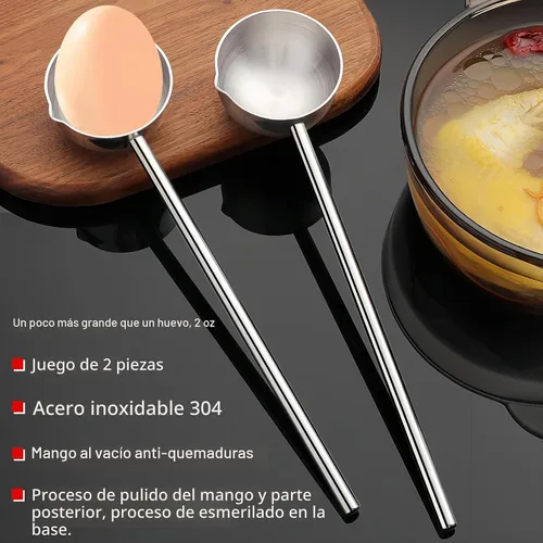 Vista 2 de Cucharón de sopa pequeño SUS304 de acero inoxidable con boquilla para verter 2 onzas, cucharones de salsa de mango largo, resistentes al calor