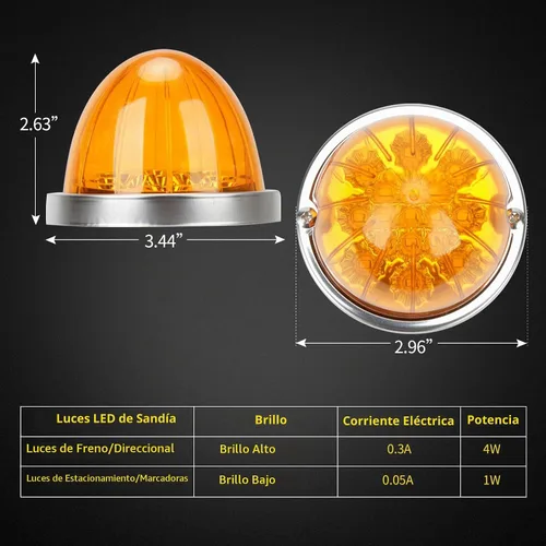 Vista 5 de 2 piezas de luces de sandía, luz de sandía LED de doble función de 17, lente ámbar con bisel de acero inoxidable, luces de señal de parada y giro