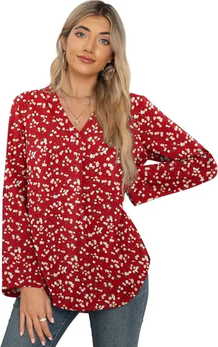 Vista 3 de QUEZHU Blusas de manga 34 para mujer, estilo casual, elegante, de gasa, cuello en V, blusas