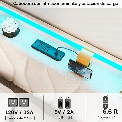 Vista 6 de Fameill Marco de Cama Twin con Almacenamiento Elevable, Cabecera Ajustable, Estación de Carga, Luces LED, Listones de Madera, Sin Ruido, No Requiere