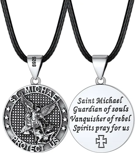 Vista 10 de FaithHeart Collar de San Miguel, acero inoxidable, chapado en oro de 18 quilates, amuleto colgante de San Miguel Arcángel para hombres y mujeres