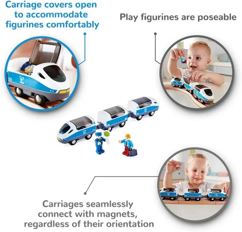 Vista 2 de Hape E3728 - Juguete de tren interurbano, juego de juguetes de tren para niños con accesorios, 3 carros magnéticos de apertura/cerrar, figuras
