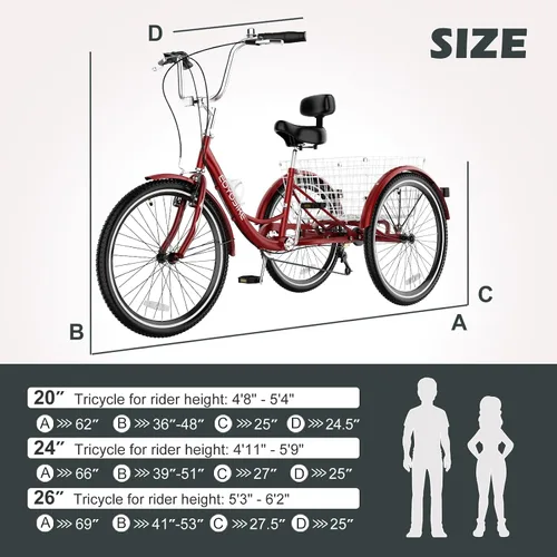 Vista 6 de ABORON Triciclo para adultos, bicicleta de 3 ruedas para adultos, triciclo para adultos, llantas de doble pared, triciclo para mujeres y hombres
