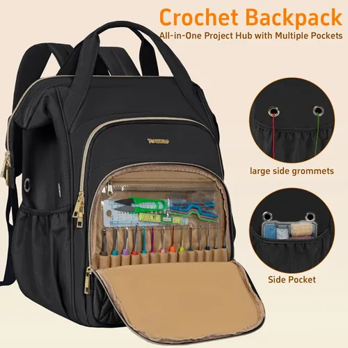Vista 4 de Mochila para hacer punto, organizador grande de bolsa de ganchillo, organizador de almacenamiento de hilo resistente al agua, soporte de hilo