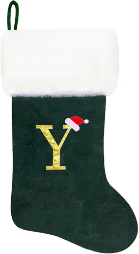 Vista 13 de Calcetines de Navidad bordados de 20 pulgadas con monograma, terciopelo negro con puño de felpa blanca supersuave, adornos clásicos para decoración