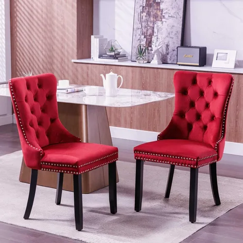 Vista 9 de Silla de comedor tapizada de terciopelo con respaldo copetudo y patas de madera, silla auxiliar moderna decoración de remaches, para comedor Negro