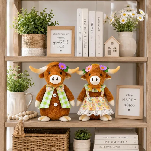Vista 6 de Decoración de vaca de las montañas, decoración de mesa de primavera y verano, figura de señor y señora para bandeja rústica con niveles de granja