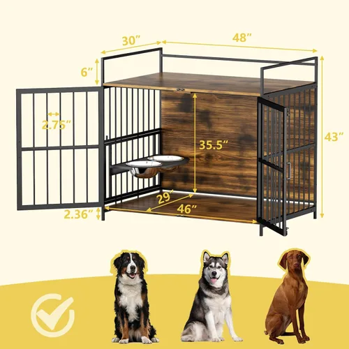 Vista 2 de ROOMTEC Jaula para Perros Estilo Mueble para Perros Grandes de Interior Super Resistente y Duradera con 2 Cuencos de Acero Inoxidable