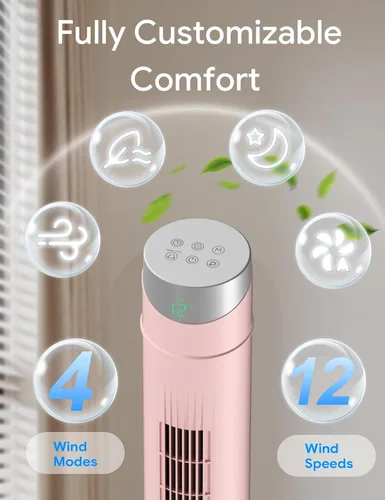 Vista 23 de ZAFRO Ventilador de torre inteligente para dormitorio, ventilador de torre oscilante de 120°, 28 pies/s de alta velocidad, 12 velocidades, 4 modos