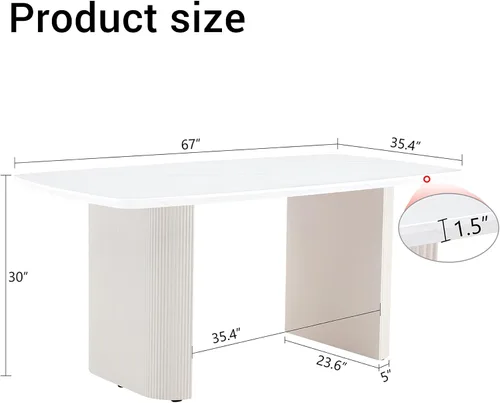 Vista 4 de TesNus Mesa de comedor blanca de 67 pulgadas para 6, moderna mesa de cocina ovalada con esquinas redondeadas, parte superior de mármol sintético