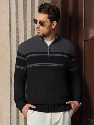 Vista 2 de MAGNIVIT Suéter para hombre, con cremallera de un cuarto, a rayas, para otoño, invierno, primavera, bloque de color, polo, sudaderas Negro