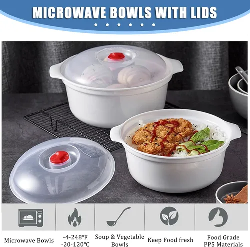 Vista 3 de Tazones para microondas de 3 piezas con tapas, aptos para microondas, platos aptos para microondas para calentar alimentos, artículos esenciales