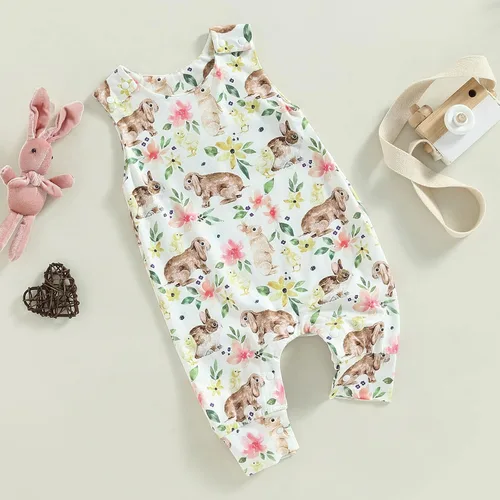 Vista 2 de Traje de Pascua para bebé, niña, niño, estampado de conejo, overol con tirantes a presión, ropa de verano