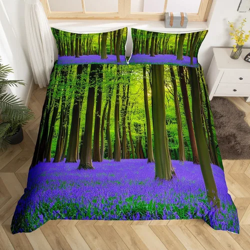 Vista 3 de Erosebridal Funda de edredón lavanda para niños, niñas, adultos, mujeres, funda de edredón de árboles verdes, tamaño individual, juego de ropa