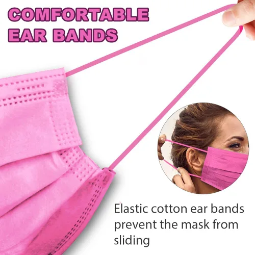 Vista 5 de Paquete de 100 Mascarillas Faciales Desechables/Filtro de Protección de 3 Capas para Hombres y Mujeres Adultos Rosa - 3 capas