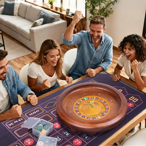 Vista 5 de Juego de ruedas de ruleta de madera, rueda de ruleta de madera maciza de 20 pulgadas con rastrillo retráctil de virutas, 200 fichas, marcador