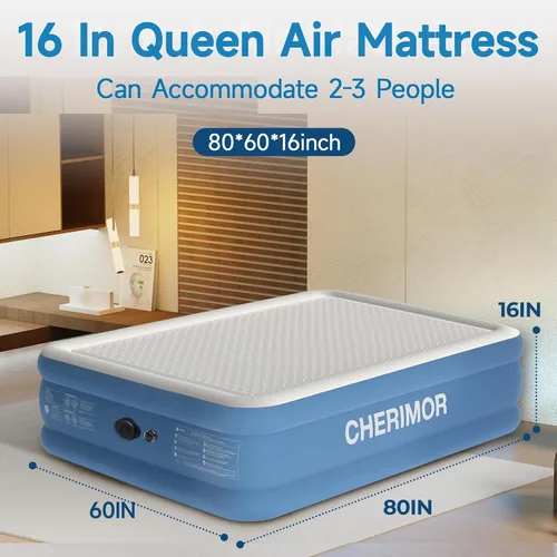 Vista 8 de CHERIMOR Colchón de aire Queen con bomba recargable incorporada, soporte resistente de 1500 libras, colchón inflable elevado de firmeza mejorada