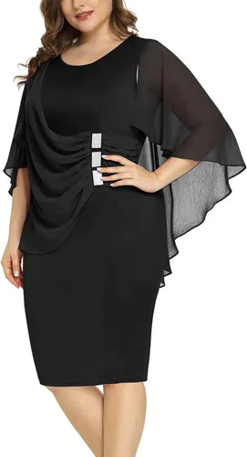 Vista 6 de LALAGEN Vestido de gasa para mujer, talla grande, con volantes, manga casquillo favorecedora, vestido de tubo para fiesta, S-XXXL