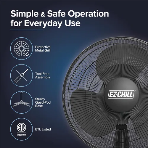 Vista 8 de EZ-Chill Ventilador de pie oscilante de 16 pulgadas, opciones de 3 velocidades, cabezal oscilante de 90 grados, altura y inclinación ajustables