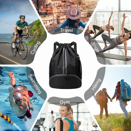 Vista 8 de Hoedia Mochila deportiva con cordón, bolsa de gimnasio con compartimento para zapatos y bolsillo a prueba de humedad para mujeres y hombres