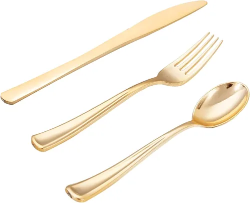 Vista 13 de WDF 300 cubiertos de plástico dorado desechables, cubiertos de plástico resistente, juegos de cubiertos dorados que incluyen 100 tenedores, 100