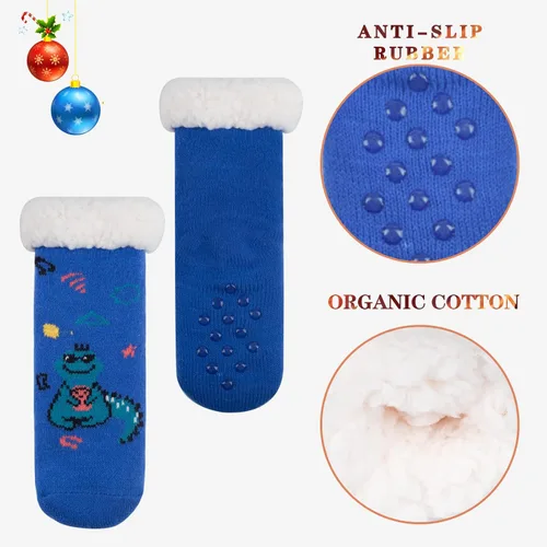 Vista 2 de FENELY 3 Pairs Winter Kids Fuzzy Slipper Socks 2-44-66-8 Girls Boys Thermal Warm Non-SkidGifts for Christmas Stocking