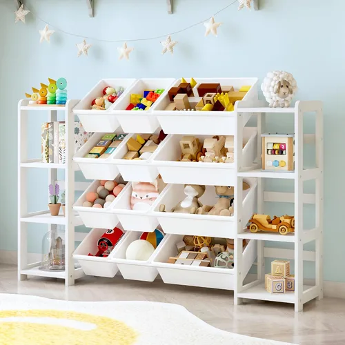 Vista 11 de MallBest Organizador de almacenamiento de madera con estantería, estante de madera de pino maciza con 12 contenedores extraíbles y estante lateral