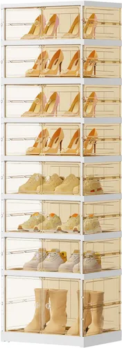 Vista 10 de EHAMILY 3 niveles, 6-12 pares de cajas de zapatos plegables, estante grande de plástico para almacenamiento de zapatos, organizador de zapatos
