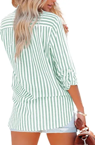 Vista 4 de Yanekop Camisas de popelina a rayas para mujer de manga larga con cuello en V y bolsillos