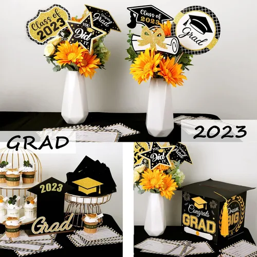 Vista 6 de Decoraciones para fiestas de graduación 2023, juego de 60 piezas: telón de fondo grande para foto, caja de tarjetas de graduación, palos de centro