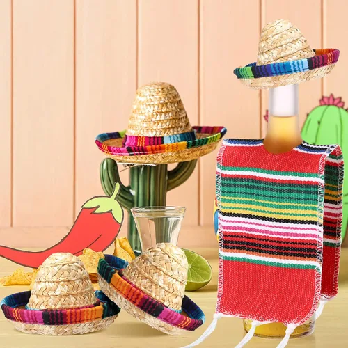 Vista 2 de Panitay 6 juegos de pequeños sombreros de sombrero, mini serapes para botellas, cubierta de poncho de cerveza, tapas de botellas para decoración