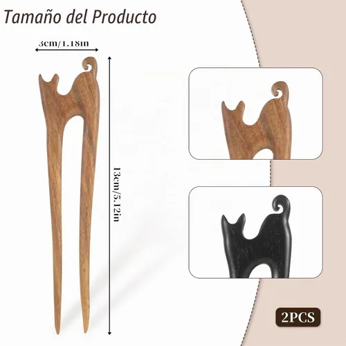 Vista 2 de 2 unidades de palos de pelo de madera en forma de U hechos a mano tallada de madera francesa con bonito diseño de gato, 2 puntas, horquillas
