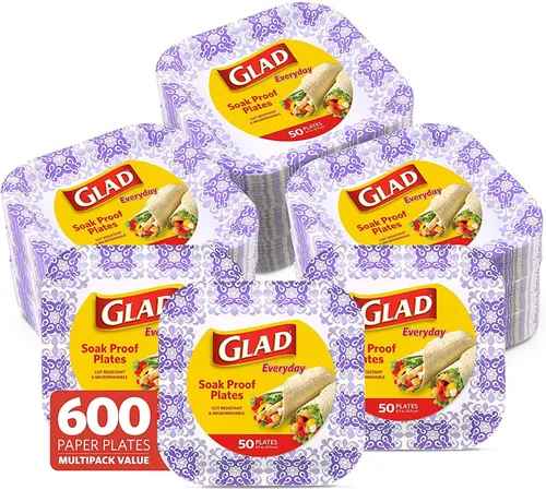 Vista 11 de Glad Platos cuadrados de papel resistentes, a prueba de remojo y resistentes a los cortes, patrón victoriano azul, vajilla desechable