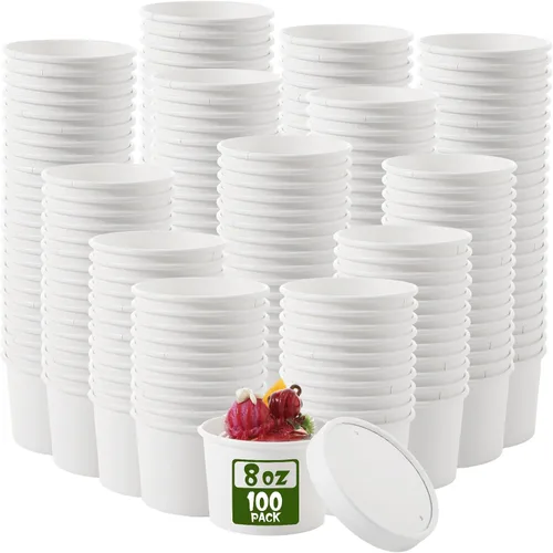 Vista 9 de Fulmoon Paquete de 100 recipientes de papel para sopa con tapas, recipientes de papel desechables para alimentos con tapa ventilada, tazas de postre