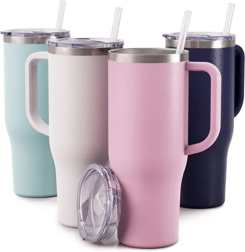 Vista 11 de Maars Charger - Taza de viaje aislada de 40 onzas con asa, vaso de acero inoxidable sellado al vacío de doble pared con popote y tapa, ónix blanco