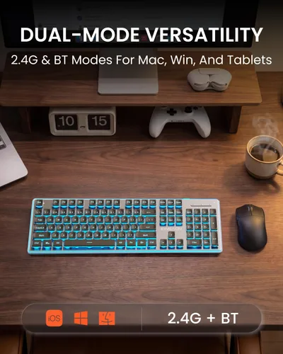 Vista 3 de SEUNKWANG EWEADN V3 Combo de Teclado y Mouse Inalámbrico con Retroiluminación Azul, Panel Metálico, Teclado y Mouse de Computadora Recargable
