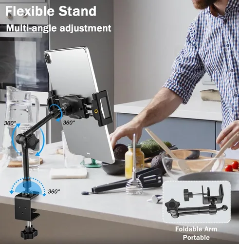 Vista 3 de Soporte para tableta de cocina de escritorio, cajas de costura, brazo de metal ajustable, soporte de montaje para tableta para iPad Pro 12.9 Air