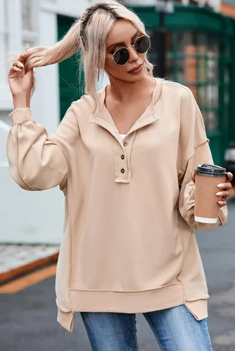 Vista 65 de AlvaQ - Sudadera de gran tamaño para mujer, informal, de manga larga, con botones y cuello Henley, tipo túnica